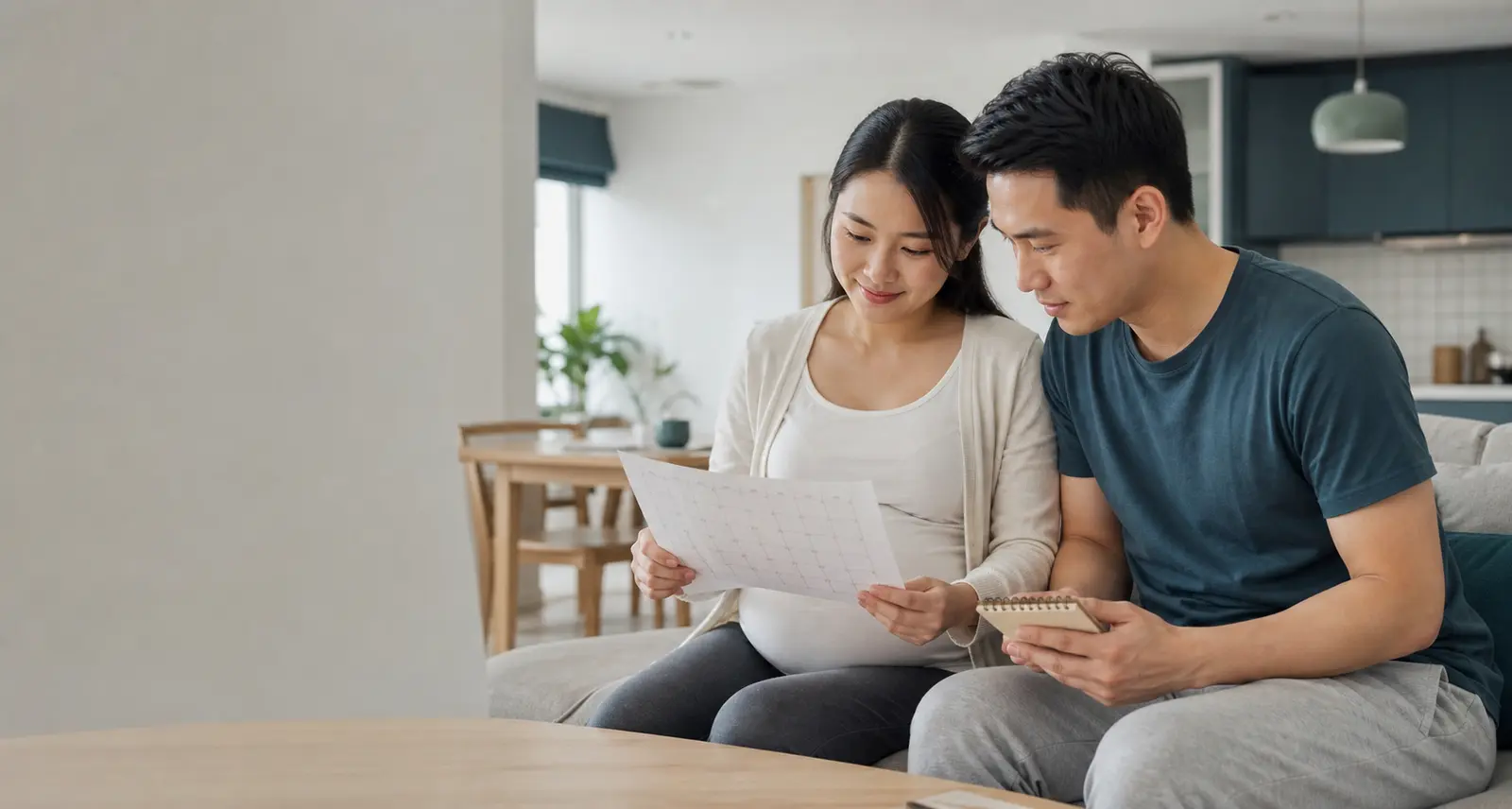 Một cặp vợ chồng Việt Nam cùng xem lịch và chuẩn bị cho em bé